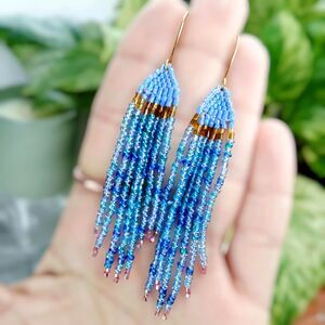 BOGO EARRINGS Boho Beaded Fringe Cascade Dangle Earrings, Blue & Gold 3.5"